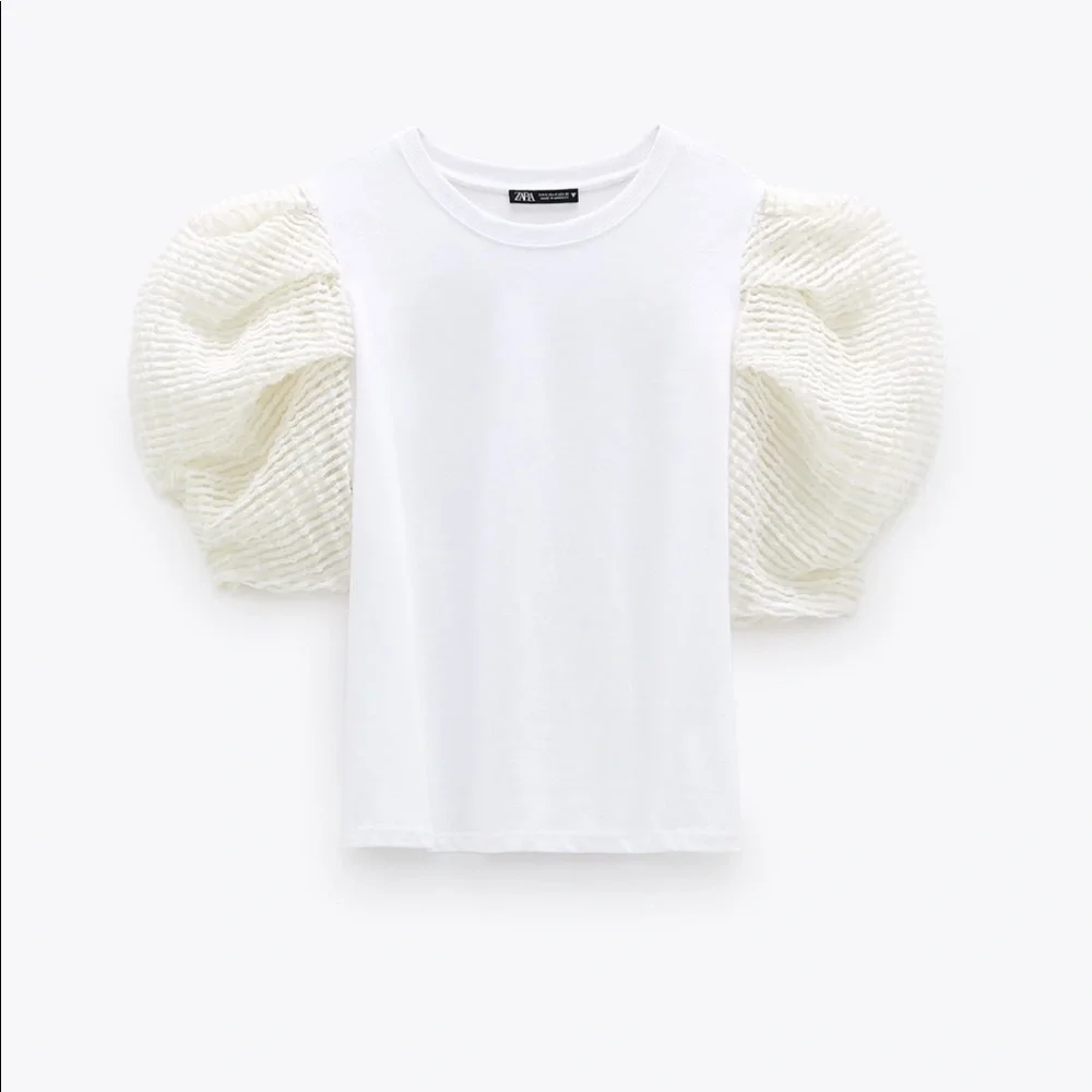 Zara Cream Puff-Sleeve Sheer Knit Top